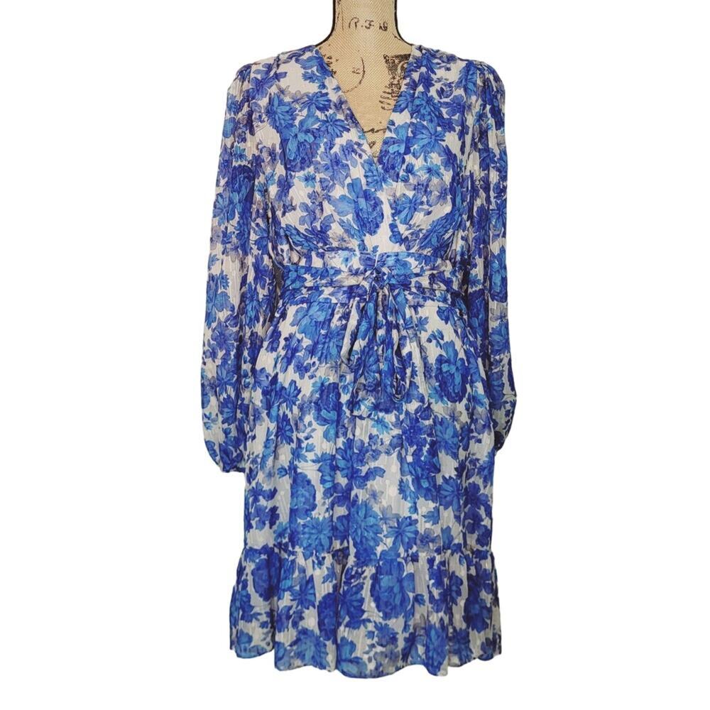 Alex Marie Simone Cobalt Floral Print Puff Sleeve Tiered V-neck Dress 18W NWT - Picture 2 of 14